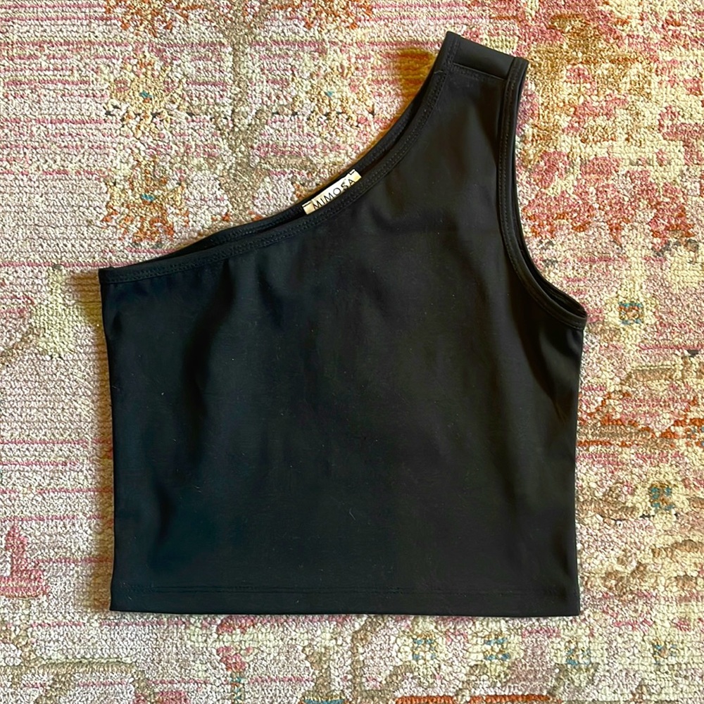 One shoulder black top